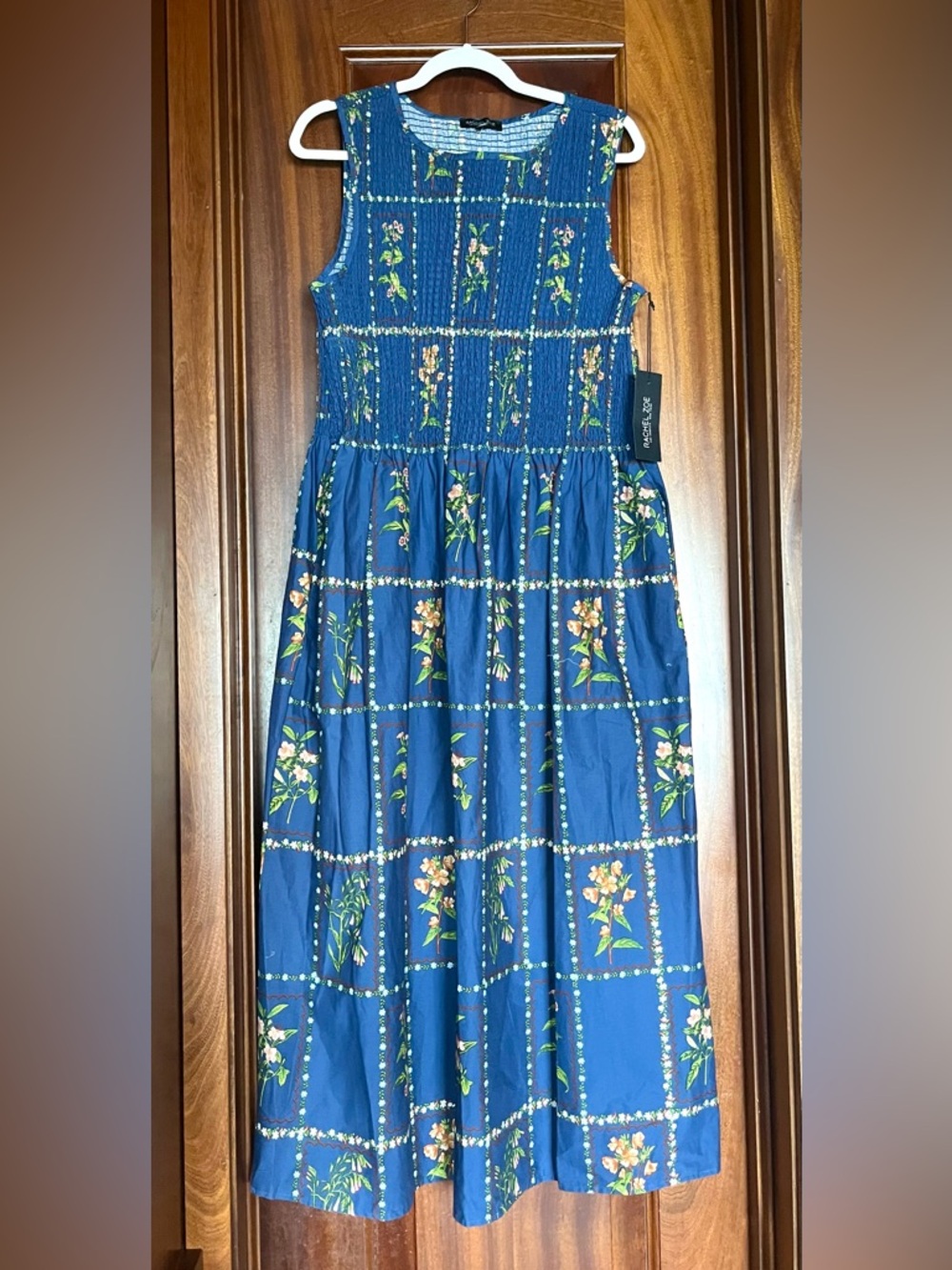 Rachel Zoe Blue Floral Smocked Midi Dress